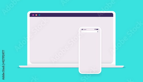 White laptop and mobile phone - Smartphone in front of computer on green background. Vector mockup illustration.