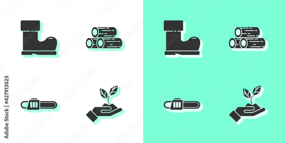 Set Plant in hand of environmental, Waterproof rubber boot, Chainsaw and Wooden logs icon. Vector Set Plant in hand of environmental, Waterproof rubber boot, Chainsaw and Wooden logs icon. Vector