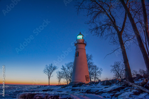 Marblehead Lighthouse in Ohio on a star lit winter morning.