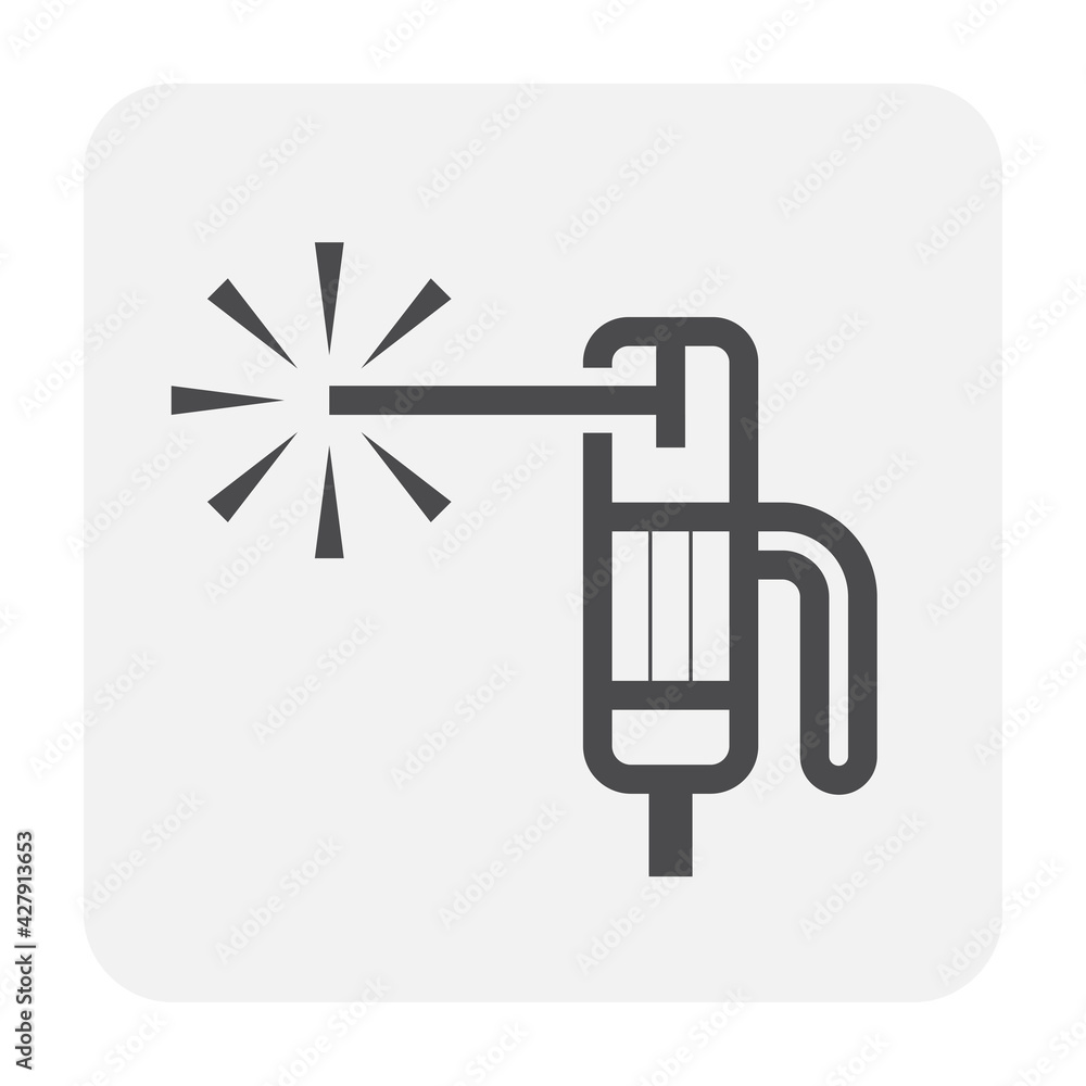 Welding electrode holder vector icon. Also called rod stick. Use to hold coated electrode and connect to engine driven welder by cable for arc welding process to join metal by heat from electricity. Welding electrode holder vector icon. Also called rod stick. Use to hold coated electrode and connect to engine driven welder by cable for arc welding process to join metal by heat from electricity.
