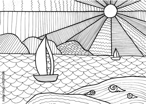 Doodle fantasy sea landscape coloring page for adults. Fantastic graphic artwork. Hand drawn simple illustration.