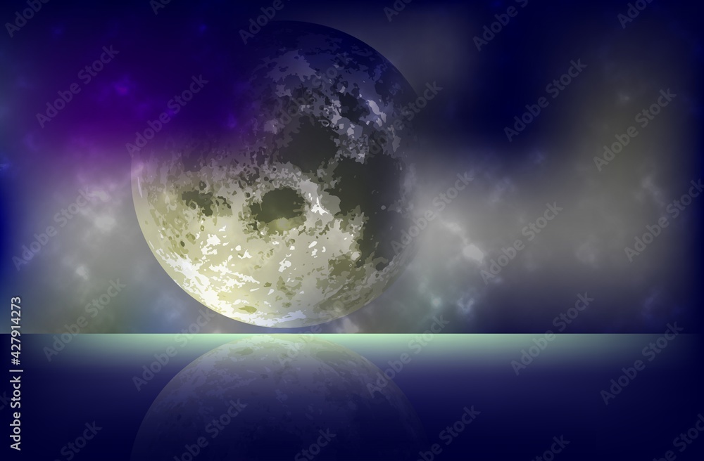 Fototapeta premium Space background. Moon and clouds. Abstract vector illustration of the moon on the background of the sky covered with clouds. A blank for creativity.