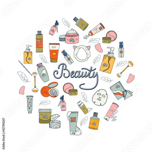 Beauty set with cosmetic products. Collection of bottles, tubes, jars, cosmetic accessories in hand-drawn style. Set of Korean skin care products.