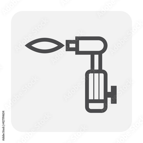 Gas torch vector icon. Welding cutting or fuel-burning equipment tool for welder use to blowing fire flame of oxygen, acetylene and propane for industry, metal steel work, metallurgy and construction.