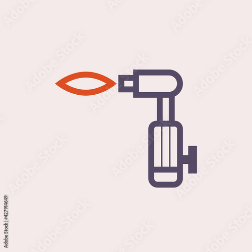 Gas torch vector icon. Welding cutting or fuel-burning equipment tool for welder use to blowing fire flame of oxygen, acetylene and propane for industry, metal steel work, metallurgy and construction.