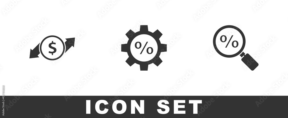 Set Financial growth and dollar, Gear with percent and Magnifying glass icon. Vector Set Financial growth and dollar, Gear with percent and Magnifying glass icon. Vector