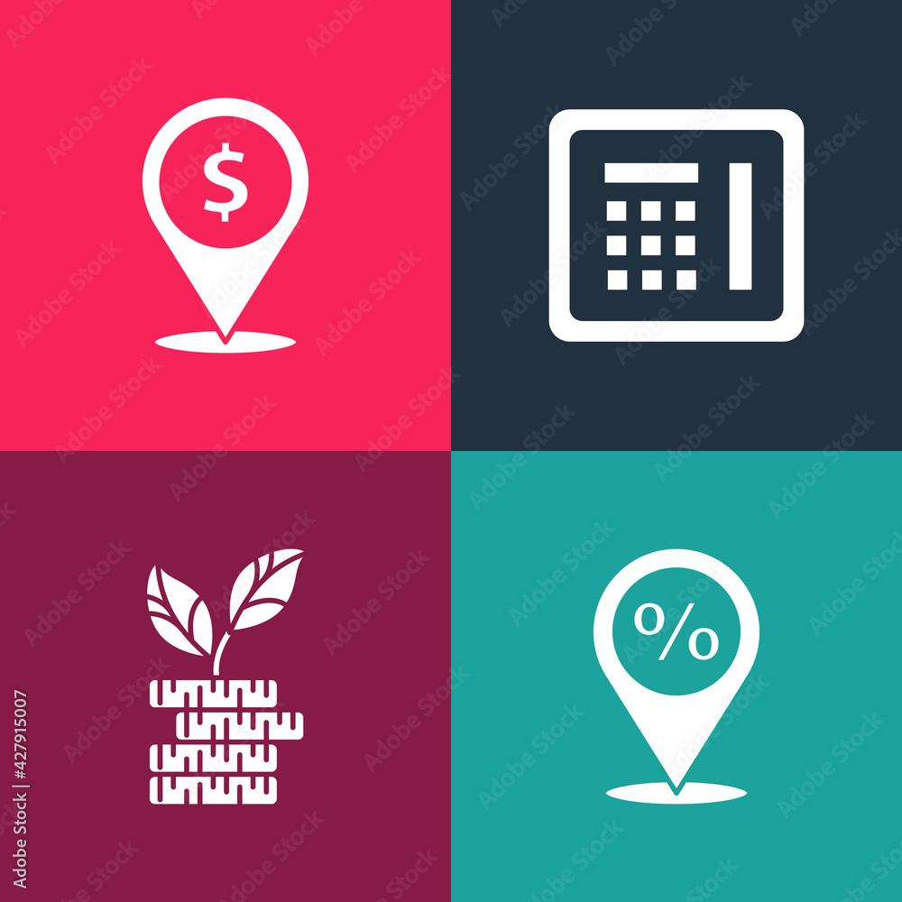 Set pop art Location with percent discount, Dollar plant, Safe and Cash location icon. Vector Set pop art Location with percent discount, Dollar plant, Safe and Cash location icon. Vector