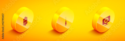 Set Isometric Sewing thread, Awl tool and Location tailor shop icon. Vector