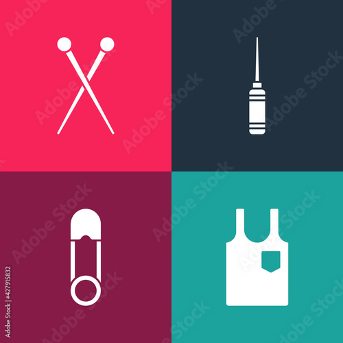 Set pop art Sleeveless T-shirt, Safety pin, Awl tool and Knitting needles icon. Vector