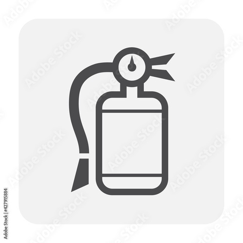 Fire extinguisher vector icon. Safety equipment or emergency tool with handle, sign, hose, chemical powder or foam for firefighter to extinguish, protection, prevention, suppression by spray to fire.