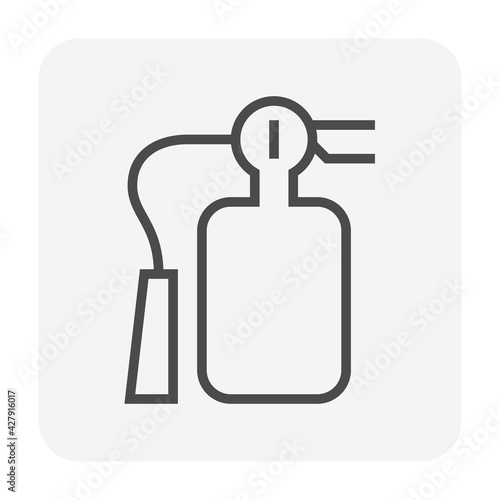 Fire extinguisher vector icon. Safety equipment or emergency tool with handle, sign, hose, chemical for firefighter to extinguish, protection, prevention or suppression by spray to fire. 64x64 pixel.