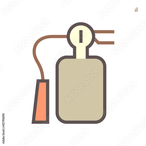 Fire extinguisher vector icon. Safety equipment or emergency tool with handle, sign, hose, chemical for firefighter to extinguish, protection, prevention or suppression by spray to fire. 64x64 pixel.