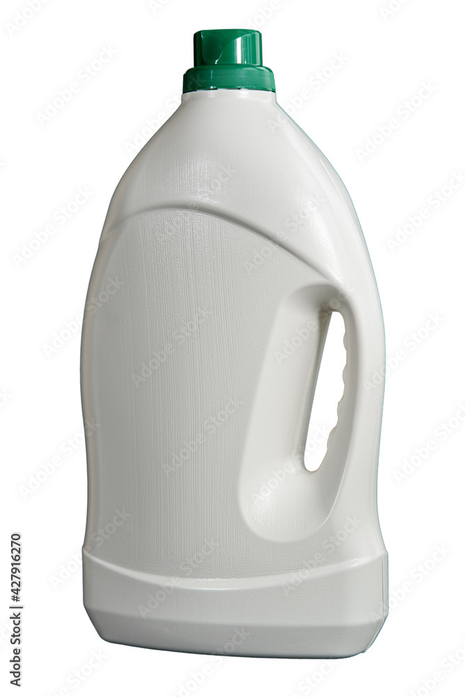 Blank bottle of laundry detergent or fabric softener isolated on white background. Plastic white bottle with green cap. Mockup.