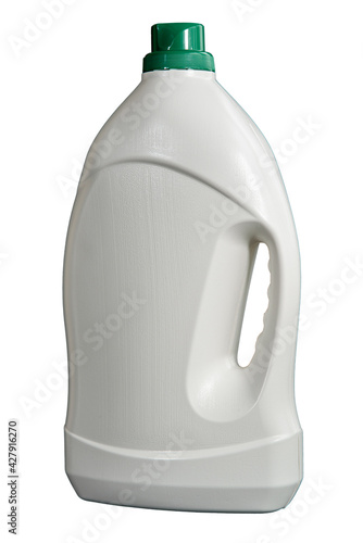 Obraz na płótnie Blank bottle of laundry detergent or fabric softener isolated on white background. Plastic white bottle with green cap. Mockup. w salonie