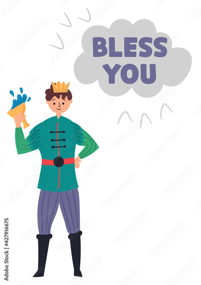 Prince Charming with a Glass with a crown on his head. The magical character king's son. Poster for children's room with lettering bless you Prince Charming with a Glass with a crown on his head. The magical character king's son. Poster for children's room with lettering bless you