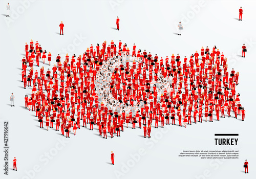 Turkey Map and Flag. A large group of people in Turkish flag color form to create the map. Vector Illustration.