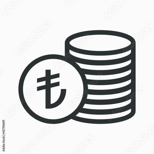 Turkish lira icon. Money outline vector illustration. Pile of coins icon isolated on white background. Stacked cash. Turkish currency symbol.