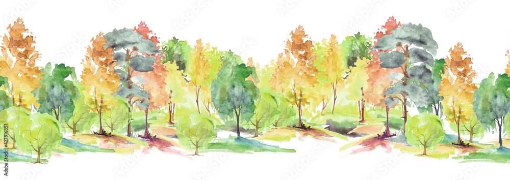 Watercolor autumn trees of yellow, red, orange color. Autumn forest,hill. Watercolor art background. Beautiful splash of paint. Abstract creative seamless background. Country landscape, park. Eco - obrazy, fototapety, plakaty 