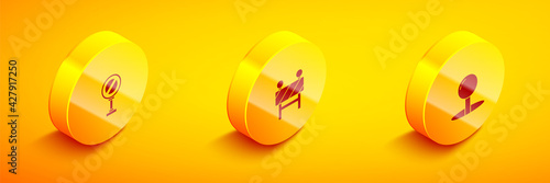 Set Isometric Stop sign, Road barrier and Push pin icon. Vector