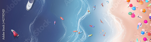 Colorful Summer banners, ocean tropical backgrounds, sea, surf beach paper cut. Beautiful top view cards, posters, flyers, party invitations. Summertime template collection.