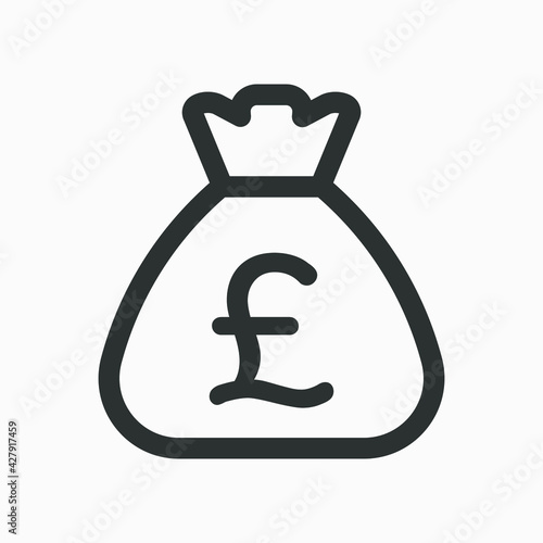 Pound icon. Sack with UK pound isolated on white background. Money bag outline icon vector pictogram. British currency symbol.