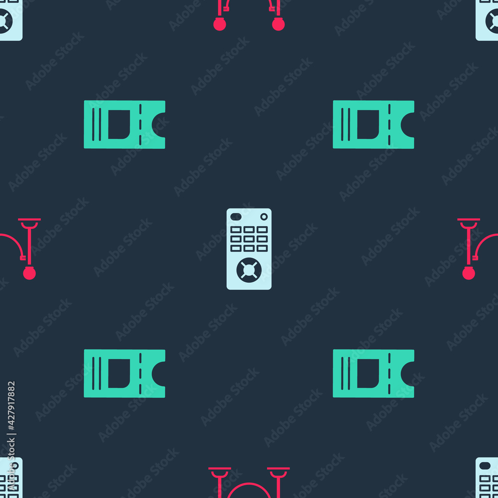 Set Rope barrier, Remote control and Cinema ticket on seamless pattern. Vector Set Rope barrier, Remote control and Cinema ticket on seamless pattern. Vector