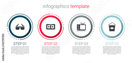 Set 3D cinema glasses, VHS video cassette tape, Retro tv and Popcorn box. Business infographic template. Vector