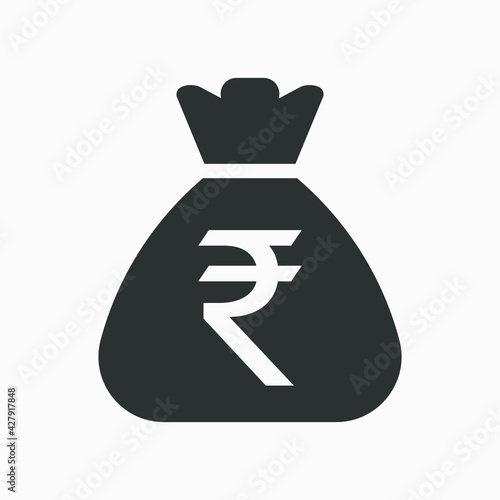Rupee icon. Money bag flat icon vector pictogram. Sack with Indian rupee isolated on white background. Indian currency symbol.