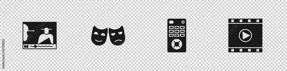 Set Online play video, Comedy and tragedy masks, Remote control and Play Video icon. Vector Set Online play video, Comedy and tragedy masks, Remote control and Play Video icon. Vector