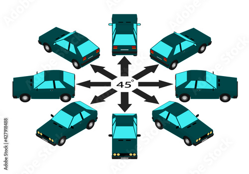 Rotation of the compact car by 45 degrees. Green old car in different angles in isometric.