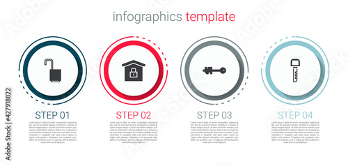 Set Open padlock, House under protection, Old key and Key. Business infographic template. Vector
