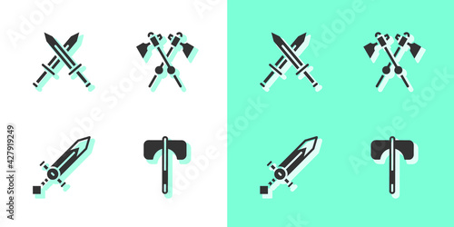 Set Medieval axe, Crossed medieval sword, and axes icon. Vector