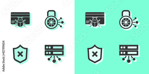 Set Server, Data, Web Hosting, System bug credit card, Shield with cross mark and Cyber security icon. Vector