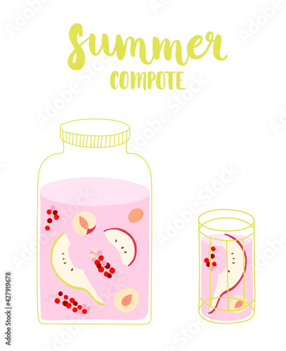 Compote with fruits and berries. Jar and glass with compote. Apple, pear slices, apricot, red currant. Summer compote hand-drawn inscription. Vector isolated illustration.