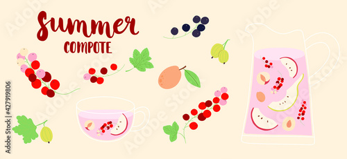 Compote with fruits and berries. Cup and jug with compote. Apple, pear slices, apricot, red and black currant, gooseberry. Summer compote hand-drawn inscription. Vector isolated illustration.