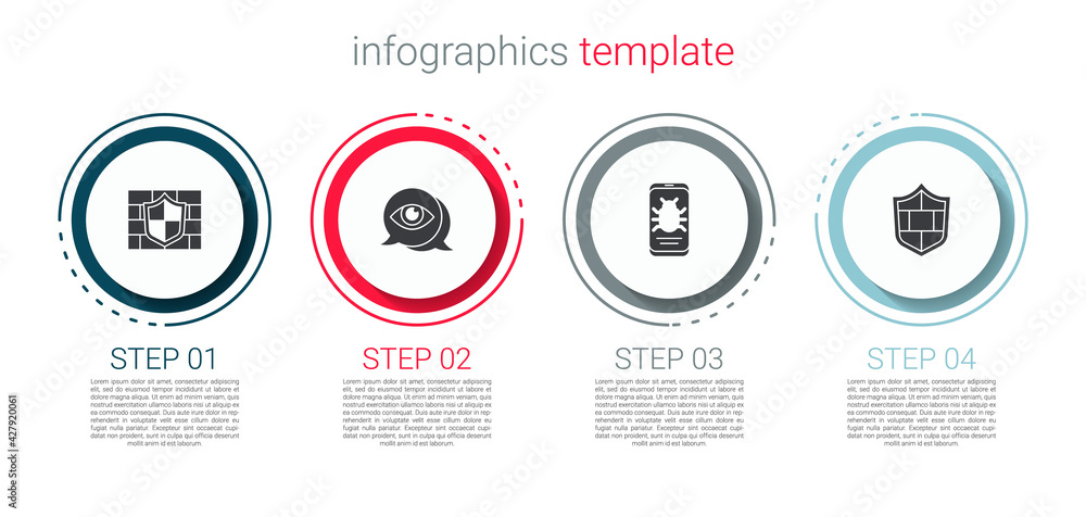 Set Shield with brick wall, Eye scan, System bug on mobile and . Business infographic template. Vector Set Shield with brick wall, Eye scan, System bug on mobile and . Business infographic template. Vector