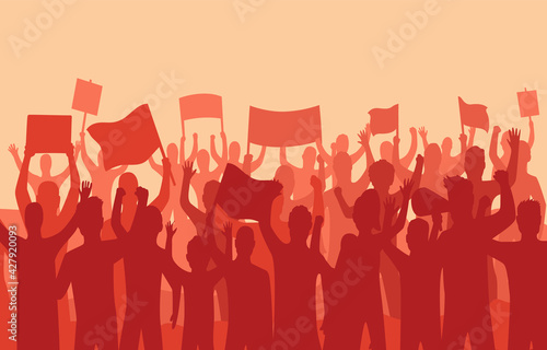 Peaceful protest and revolution. Silhouette of riot protesting crowd demonstrators with banners and flags. People on the meeting, crowd with banners. Vector illustration of conflict