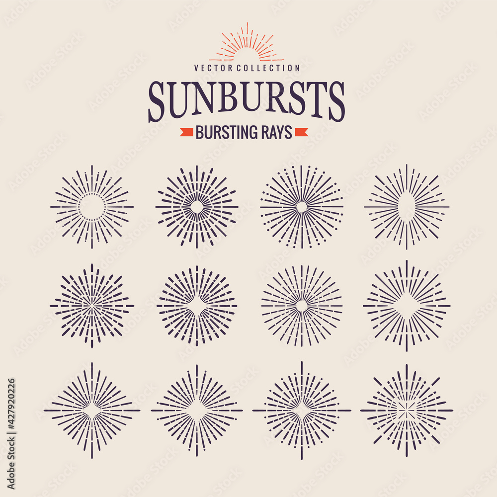 Obraz premium Sunburst icon set. Retro hand drawn sparkle. Geometric sun beams in different forms. Bursting rays design elements. Star shining form of lines