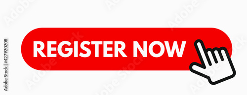 Register now vector illustration with cursor arrow and click button. Hand clicking on the registration button.