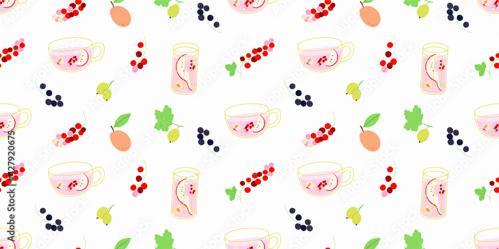 Seamless pattern with a cup and a glass  of compote, apricot, red and black  currant and gooseberry. For prints, backgrounds, wrapping paper, textile, wallpaper, etc. White background.