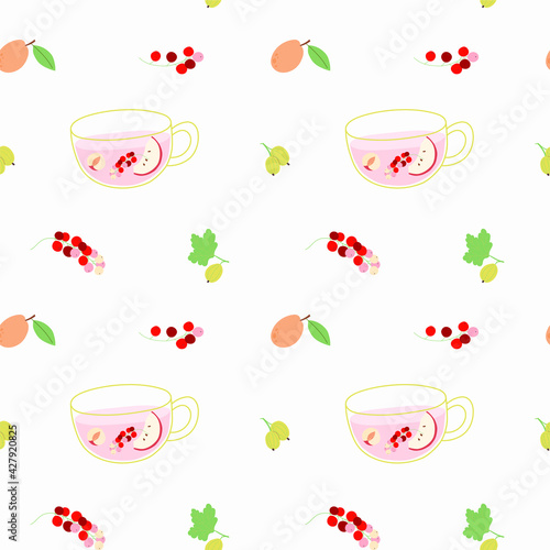 Seamless pattern with a cup of compote, apricot, red currant and gooseberry. For prints, backgrounds, wrapping paper, textile, wallpaper, etc. White background.