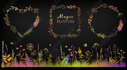 Set of colorful neon floral frames and field of wild flowers on black background. Floral design.