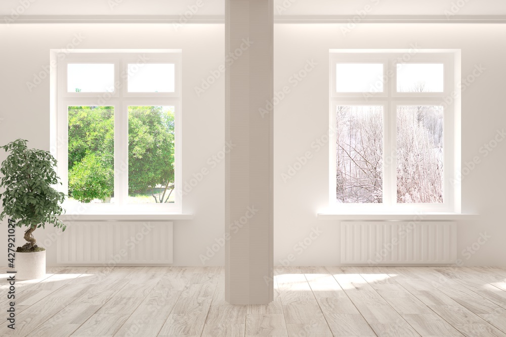 White empty room with summer and winter landscape in window. Scandinavian interior design. 3D illustration White empty room with summer and winter landscape in window. Scandinavian interior design. 3D illustration