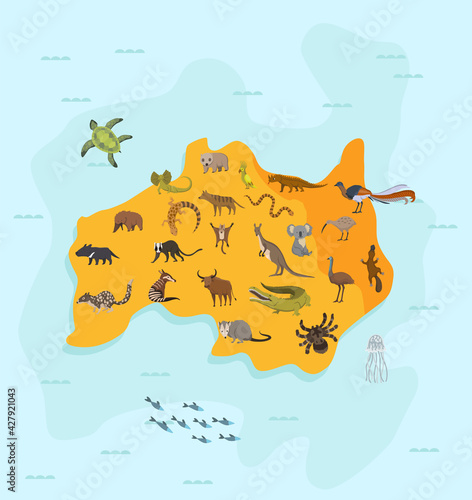 Animal map of australia. Nature fauna cartography concept . Geographical map with local fauna. Continent with mammals and sea life. Vector illustration in kids style