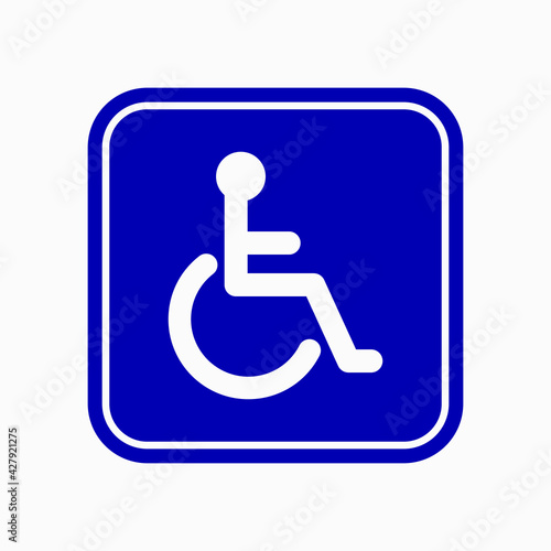 Wheelchair vector icon in blue square with rounded corners. Disabled person pictogram. Handicap symbol.