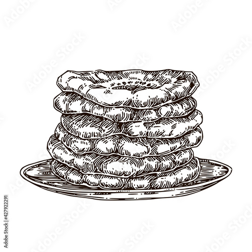 Stack traditional bread, pita on dish,  Sketch. Engraving style. Vector illustration.