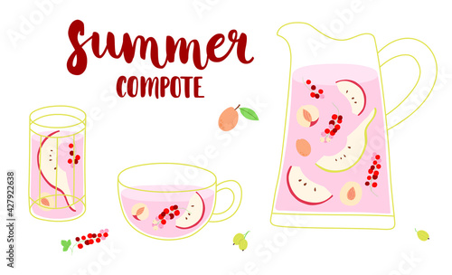 Compote with fruits and berries. Glass, cup and jug with compote. Apple, pear slices, apricot, red currant, gooseberry. Summer compote hand-drawn inscription. Vector isolated illustration.