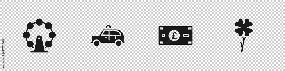 Set London eye, Taxi car, Pound sterling money and Four leaf clover icon. Vector Set London eye, Taxi car, Pound sterling money and Four leaf clover icon. Vector