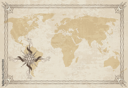 Old map frame with retro nautical compass on old paper texture. Hand drawn antique nautical old vector background. Wind rose for sea marine navigation. Vintage marine theme in vector