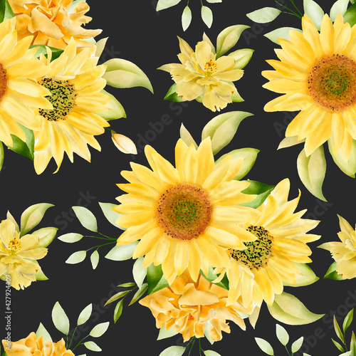 yellow watercolor sunflowers seamless pattern 